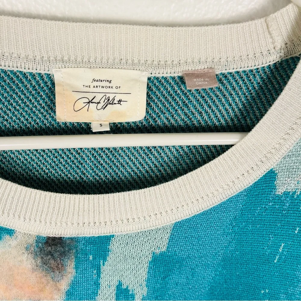 Anthropologie Llama Abstract Watercolor Turquoise Blue Pullover Sweater Small